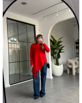 KIRMIZI ASİMETRİK KESİM PÜSKÜLLÜ ÇELİK TRİKO