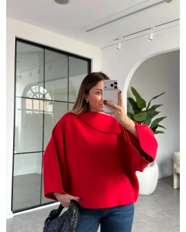 KIRMIZI ŞAL YAKA YARASA KOL TRİKO KAZAK