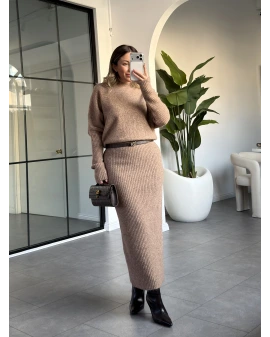 KOYU BEJ BİSİKLET YUMUŞACIK DOKULU TRİKO UZUN ELBİSE