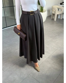 KOYU KAHVE PİLİSELİ KEMERLİ ETEK