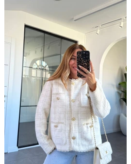 KREM GOLD SİMLİ CEP DETAYLI HIRKA