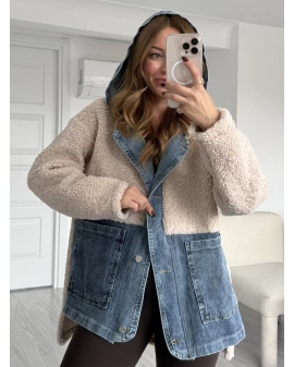 Krem Jean Detay Kapüşonlu Oversize Peluş Ceket