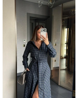 LACİVERT ANTRASİT KEMER DETAY EKOSE ELBİSE