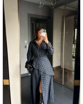 LACİVERT ANTRASİT PELERİN DETAY EKOSE ELBİSE