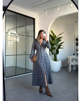 LACİVERT BELDEN OTURTMALI EKOSE ELBİSE