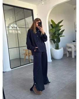 LACİVERT DİK YAKA ÇITÇITLI MODAL TAKIM