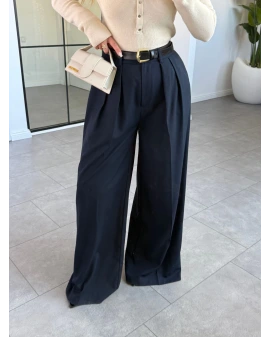 LACİVERT KEMERLİ PİLİLİ PALAZZO PANTOLON