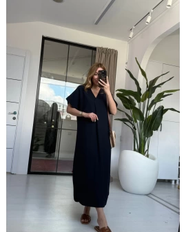 LACİVERT KETEN KISA KOL V YAKA ELBİSE