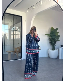 LACİVERT KRUVAZE ZİNCİR DESEN SATEN PANTOLON TAKIM