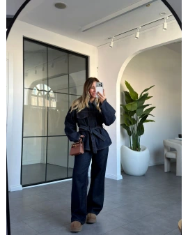 LACİVERT KUŞAKLI DENİM CEKET PANTOLON TAKIM