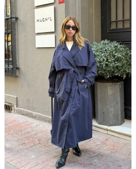 Lacivert Oversize Kuşaklı Trençkot