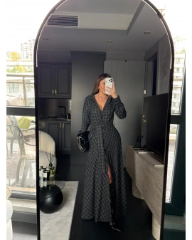 LACİVERT YEŞİL KEMER DETAY EKOSE ELBİSE