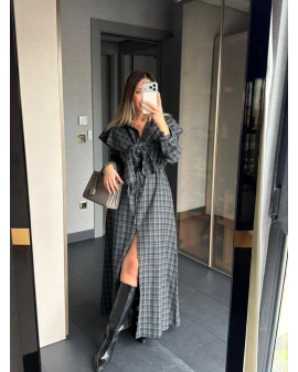 LACİVERT YEŞİL PELERİN DETAY EKOSE ELBİSE