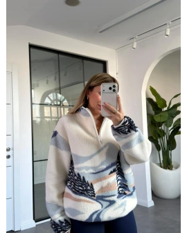 MAVİ AĞAÇ DESEN PELUŞ SWEATSHİRT