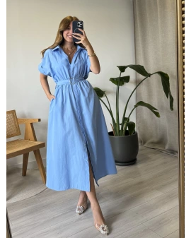 Mavi Kemerli Kısa Kol Poplin Elbise