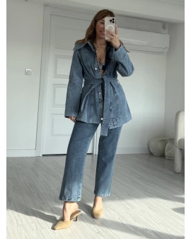 Mavi Premium Kalite Kuşaklı Denim Takım