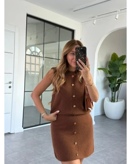 MOCHA GOLD DÜĞME DETAYLI TRİKO ETEK BLUZ TAKIM