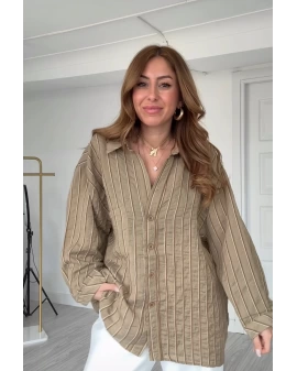 Olive Oversize V Yaka Düşük Omuz Gömlek