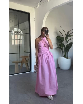 PEMBE BOYUNDAN BAĞLAMALI SIRT DETAYLI TAFTA ELBİSE