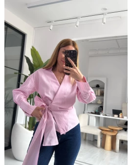 Pembe Çizgili Yandan Bağlamalı Gömlek