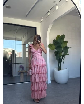 PEMBE FIRFIR ÇİÇEK DESEN ELBİSE