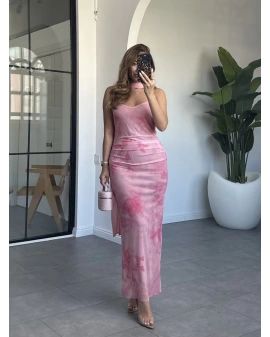 PEMBE İP ASKILI FULAR DETAY ELBİSE