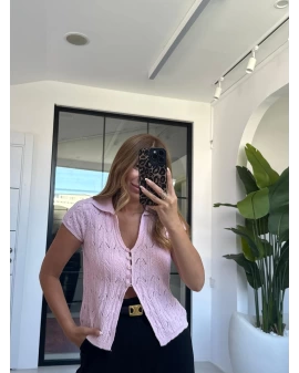 PEMBE KISA KOL ÖRGÜ BLUZ