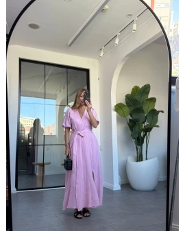 PEMBE KRUVAZE BAĞLAMALI MÜSLİN ELBİSE