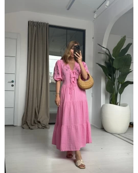 PEMBE NAKIŞLI BAĞLAMALI ELBİSE
