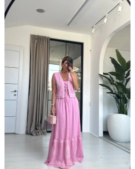 PEMBE NAKIŞLI YELEKLİ ELBİSE