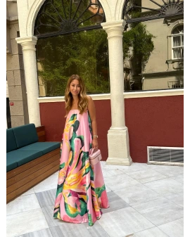 PEMBE STRAPLEZ CEPLİ SATEN ELBİSE
