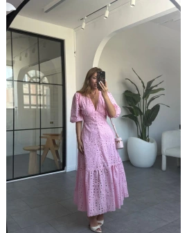 PEMBE V YAKA BALON KOL FİSTO ELBİSE