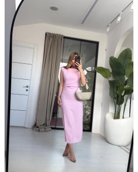 PEMBE VATKALI YIRTMAÇLI ELBİSE