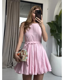 PEMBE VOLANLI KUŞAKLI KETEN ELBİSE