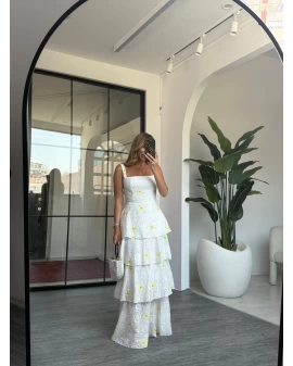 SARI ÇİÇEKLİ KAT KAT ARKASI BAĞLAMALI ELBİSE