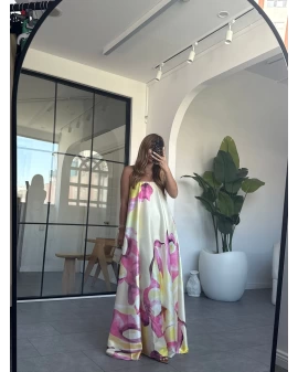 SARI STRAPLEZ CEPLİ SATEN ELBİSE