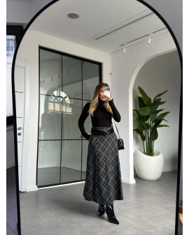 SİYAH ANTRASİT YIRTMAÇ DETAY KEMERLİ EKOSE ETEK