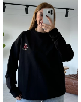 Siyah Çapa Nakışlı Sweatshirt