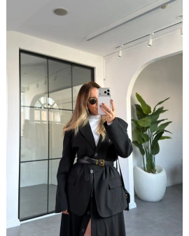 SİYAH ÇİFT CEPLİ KRUVAZE YAKA CEKET