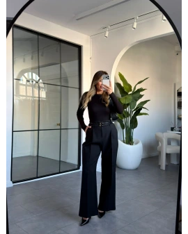 SİYAH ÇİFT KEMERLİ PİLELİ PANTOLON