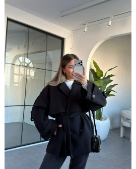 SİYAH DÜĞMELİ MANŞET DETAY KUŞAKLI KAŞE KABAN