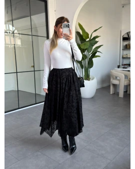 SİYAH FLOK BASKI ASİMETRİK ETEK