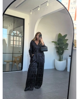 SİYAH GEOMETRİK DESEN SATEN PANTOLON TAKIM