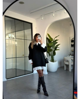 SİYAH GÖMLEK DETAY TRİKO ELBİSE