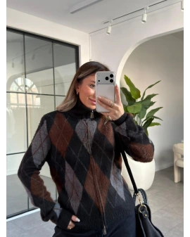 SİYAH KAHVE BAKLAVA DESEN ÇİFT FERMUAR HIRKA