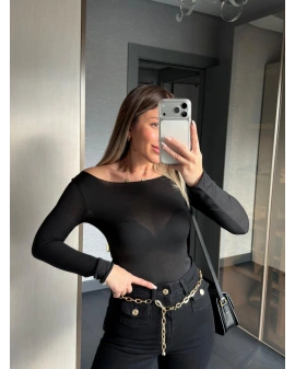 SİYAH KAYIK YAKA TRANSPARAN BLUZ