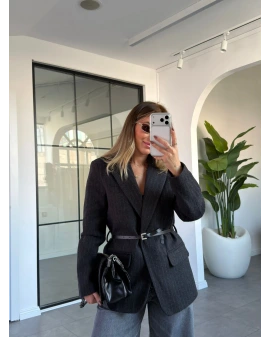 SİYAH KEMERLİ BLAZER KAŞE CEKET