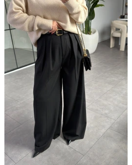 SİYAH KEMERLİ PİLELİ PALAZZO PANTOLON