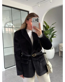 Siyah Kemerli Premium Kalite Peluş Ceket