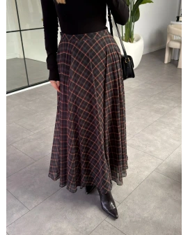 SİYAH KIRMIZI EKOSE DESEN ŞİFON ETEK